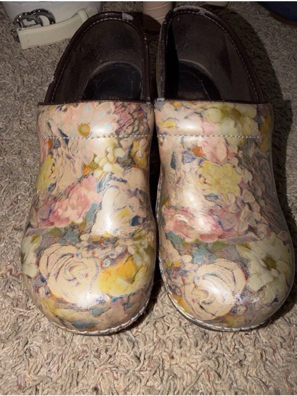 Dansko Floral Leather Clogs in Cream with Pink and Yellow Accents
